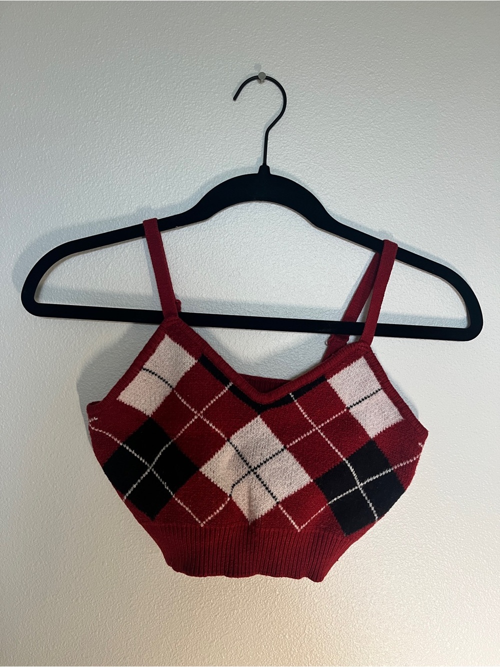 Red, Black, & White Argyle Crop Top Sweater